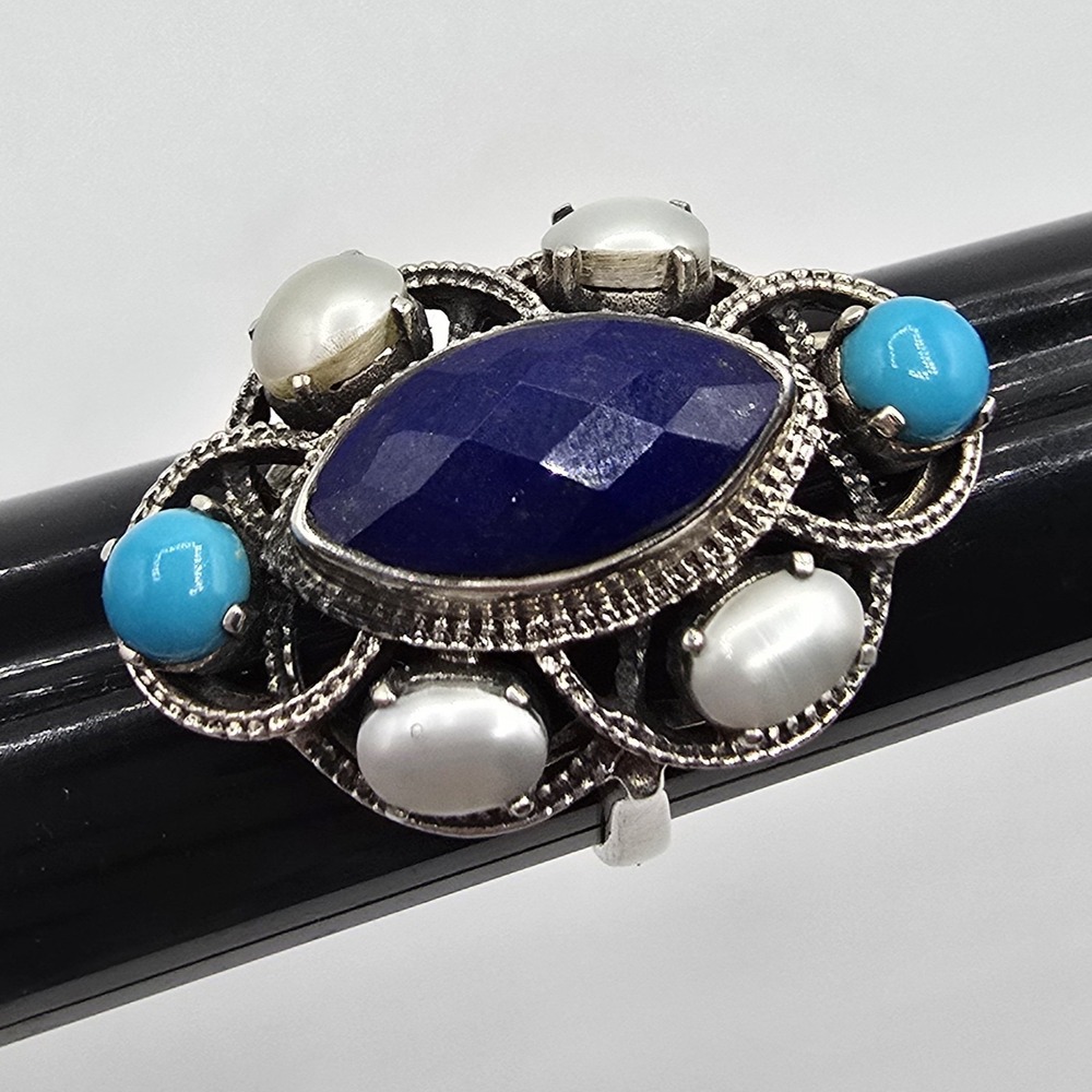 NICKY BUTLER .925 STERLING SILVER LAPIS TURQUOISE PEARL CLUSTER RING SIZE 9
